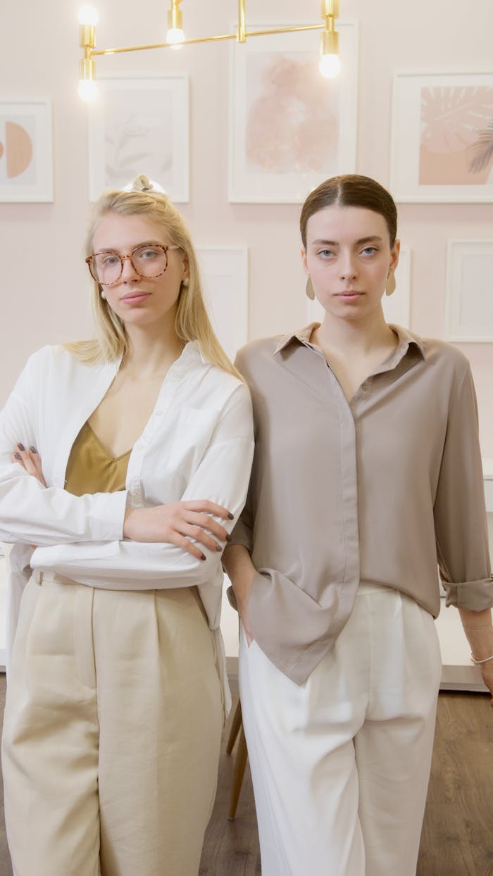 Two fashionable women pose confidently in a chic, well-lit interior setting, exuding elegance.